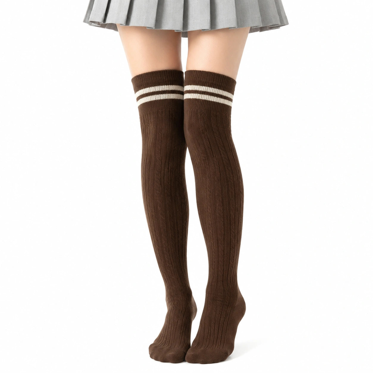 Chaussettes hautes 35-38 en maille marron rayée style universitaire