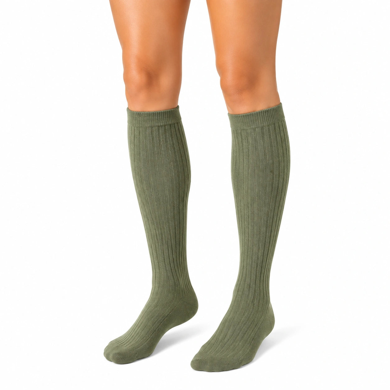 Chaussettes hautes 35-38 vert kaki côtelées style classique