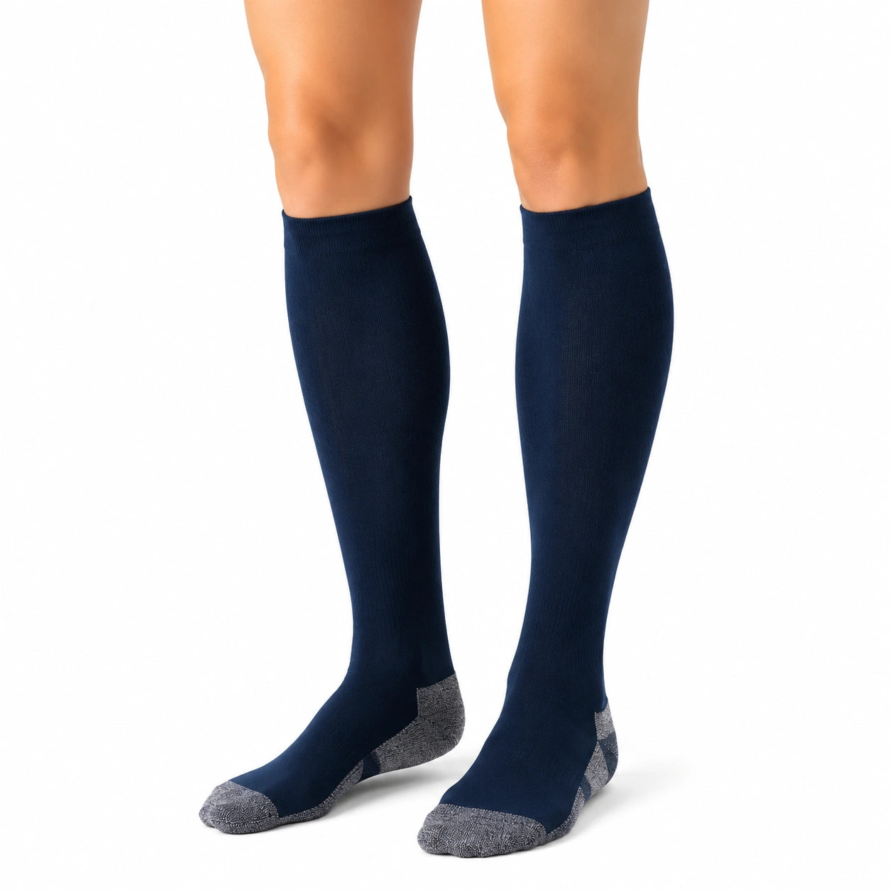 Chaussettes hautes 35-38 en maille bleu marine et gris - renforts talon et pointe