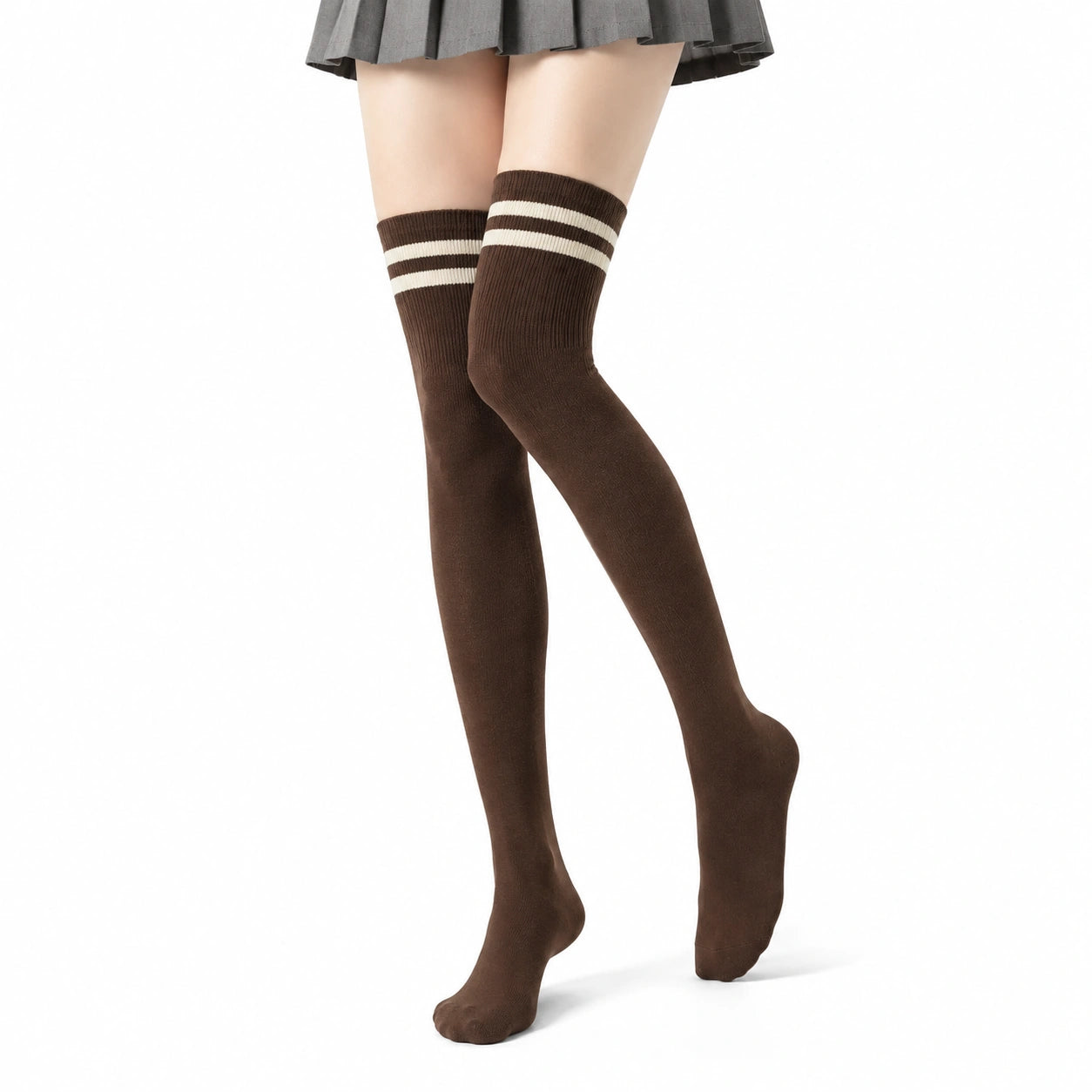 Chaussettes hautes 39-42 en maille marron et blanc à rayures style sportif