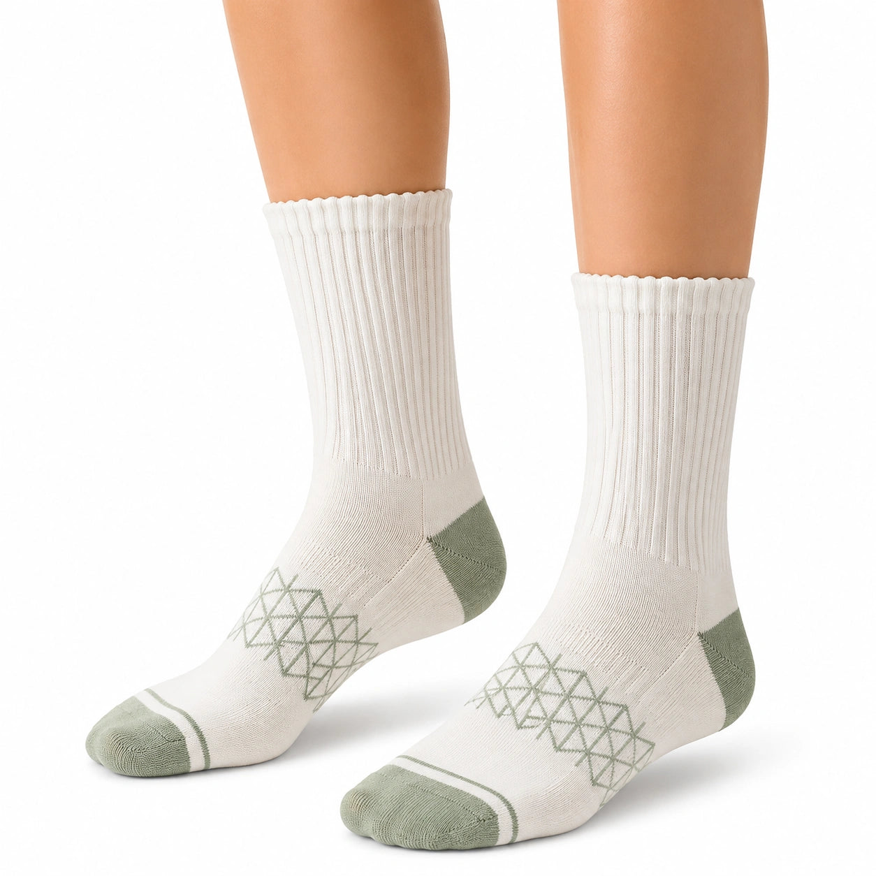 Chaussettes mi-mollet 35-38 en maille textile écru et vert style côtelé