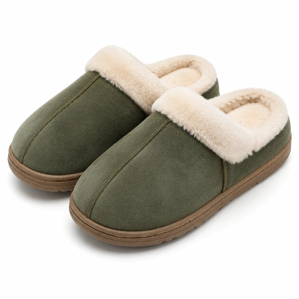 Chaussons mules 38/39 en suédine vert kaki à doublure effet fourrure pour intérieur
