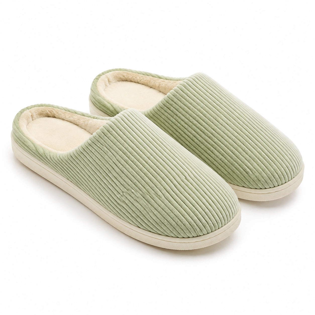 Chaussons 38/39 en textile côtelé vert clair - doublure douce pour intérieur