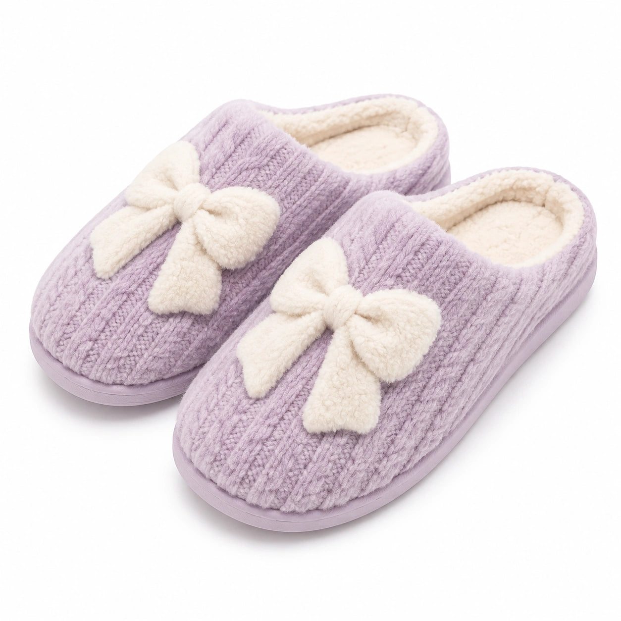 Chaussons d'intérieur 42/43 textile lavande crème doublure douce - nœud décoratif